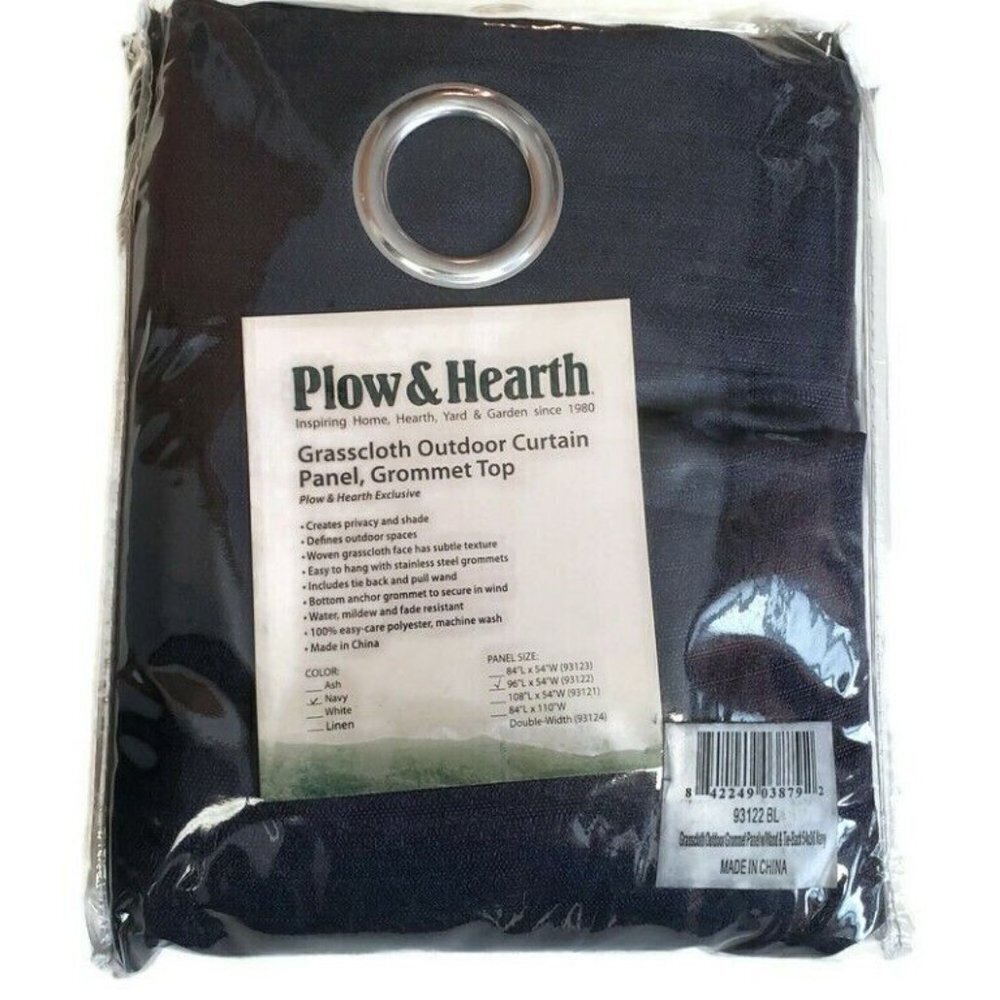 Plow & Hearth Grasscloth Outdoor Curtain Panel Grommet Top Navy Blue 96"L x 54"W